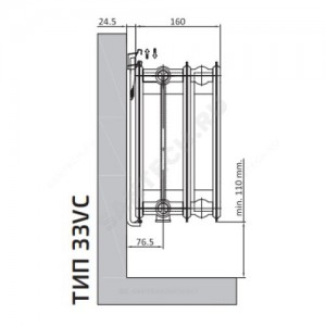 Радиатор стальной панельный Ventil Compact VC тип 33 300х1200 Qну=2337 Вт ниж/п в комплекте кронштейн. встроенный вентиль RAL 9016 (белый) Heaton Plus