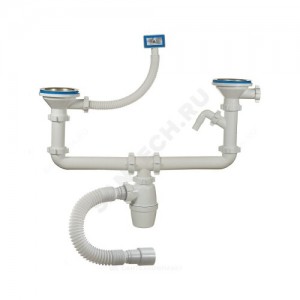 Сифон для кухонной мойки с двумя чашами бутылочный с гибким переливом 3 1/2"x40 с гофрой 40х40/50 с отводом (штуцером) выпуск с нержавеющей решёткой D=114мм Орио А-40092