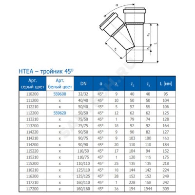 Тройник PP-H переходной серая HT HTEA Дн 90х75х45гр б/нап в/к Ostendorf 114210