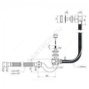 Слив-перелив для ванны трубный полуавтоматический (тросик) 1 1/2"x40 с гофрой 40х40/50 слив клапан, пробка D=45мм Орио A-24089
