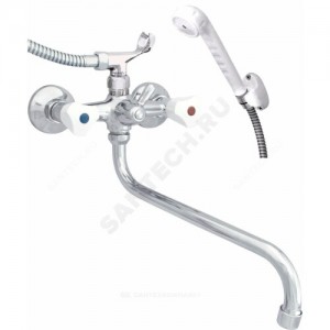 Смеситель для ванны с душем серия ЭКО ЦС-СМ 500/5-3К Пл. Бел маховик двуручный круглый излив, душевой шланг н/ж сталь, белая пластиковая лейка и кронштейн Центр Сантехники (Подольск)