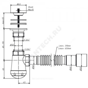 Сифон для умывальника бутылочный Чик 1 1/4 х 32 с гофрой 32х40/50 выпуск с нержавеющей решёткой D=63мм Орио М-32020