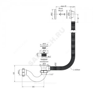 Слив-перелив для ванны трубный автоматический 1 1/2"x40 слив клапан "клик-клак" (грибок), пробка D=70мм Орио А-2108