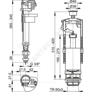 Арматура для бачка сливная/наливная нижнее подключение кнопка хром старт-стоп Alca Plast SA2000S 3/8" CHROM