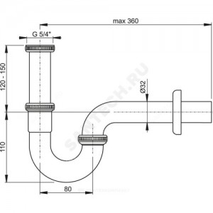 Сифон для умывальника трубный латунь 1 1/4"х32 с прямой трубкой 32мм хром без выпуска Alca Plast A4320