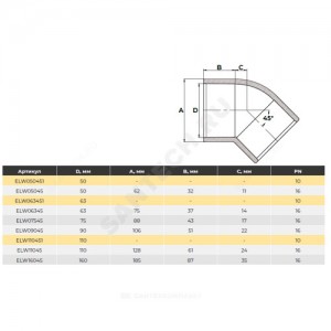 Отвод ПВХ серый под клеевое соед Дн 50х45гр Ру16 напорный Aquaviva