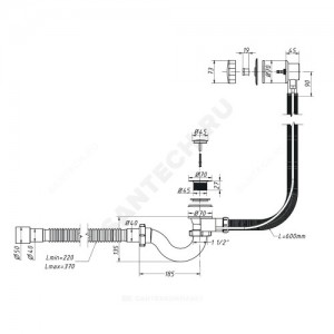 Слив-перелив для ванны трубный полуавтоматический (тросик) 1 1/2"x40 с гофрой 40х40/50 слив клапан, пробка D=45мм Орио А-23089