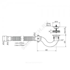 Сифон для поддона трубный 1 1/2"x40 с гофрой 40х40/50 выпуск с нержавеющей решёткой D=70мм Орио А-42589